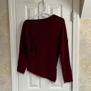 Commense Burgundy Wool-blend Asymmetrical Neck with Side Ruche Knit Top Sweater